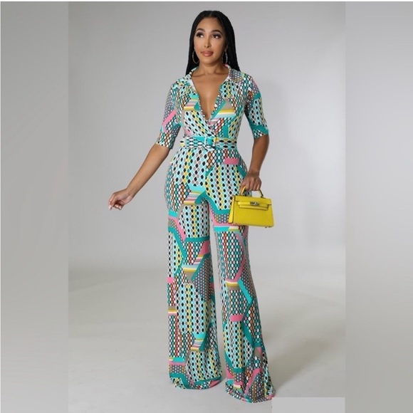 Loragal Pants - LORAGAL Teal Geometric Wide-Leg Jumpsuit with Pink Accents